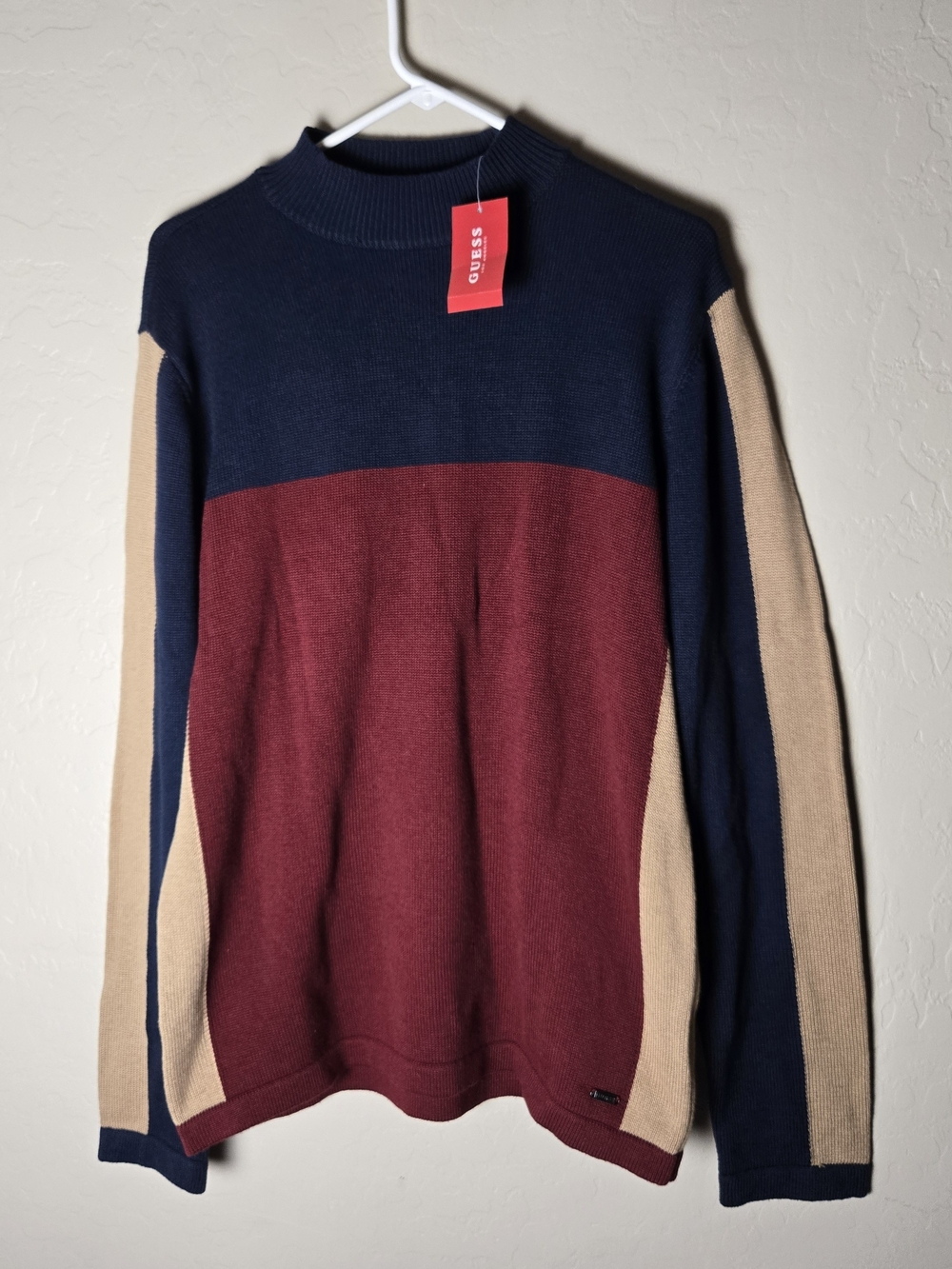 GUESS Factory Bode Colorblock Knit Mock Neck Sweater Blue Maroon L